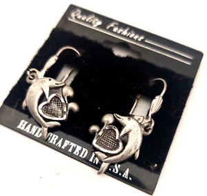 Vintage Hand Crafted  Dolphin w/ Heart Pierced Earrings Signed WJ 96, USA, NEW - Picture 1 of 6