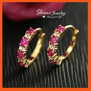 9K GOLD GF PINK RUBY CRYSTAL BAND 14MM HELIX PIERCING RING HOOP SLEEPER EARRINGS - Picture 1 of 6