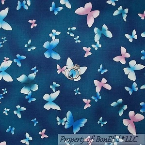 BonEful Fabric FQ Cotton Quilt VTG Blue Pink Tone Calico Butterfly Spring Summer - Picture 1 of 8