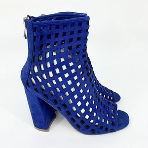 Cape Robbin Boots Women 7.5 Cobalt Blue Arama-3 Caged Faux Suede Heels Retroglam - Picture 1 of 11