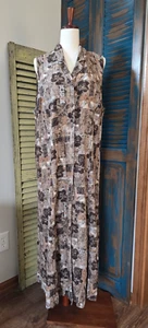 Vtg CJ Banks Floral Tribal Sleeveless Button Maxi Dress 20W Brown Hibiscus Rayon - Picture 1 of 12