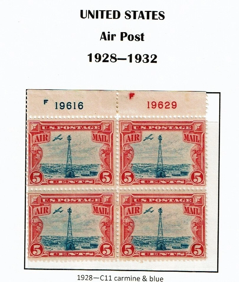 1928-30 U.S AIRMAIL 5c Carm&Blue BEACON PLT#BLK OF 4 TOP  Sc#C11 M/NH/OG - Image 1 of 1