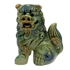 Foo Dog Vintage Figurine Chinese Glazed Blue Green Pottery Ceramics - Picture 1 of 19