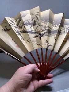 Vintage Antique Handmade Chinese Paper Fan Red Wooden Handle 11.5" - Picture 1 of 8