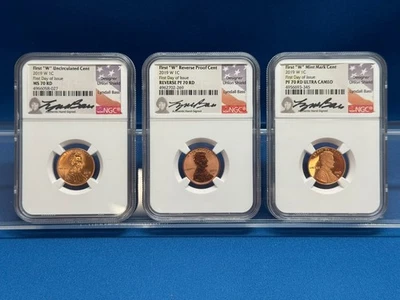 2019-W Lincoln Cent 3-Coin Set MS70 PF70 RP70 FDOI NGC Lyndall Bass Signed - Image 1 of 4