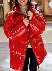 JUICY COUTURE Black Label Glossy Red Black Puffer Jacket Coat NEW Womens Sz L - Picture 1 of 8