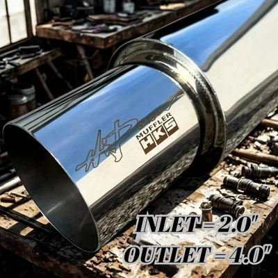 HKS HI-POWER UNIVERSAL SINGLE EXHAUST MUFFLER Inlet 2.0 Outlet 4.0 Inches SS - Image 1 of 4