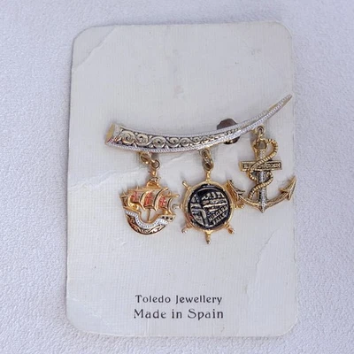 Broche Cuerno Damasceno Vintage Dijes Náuticos Ancla Barco Rueda España Años 70 Prendedor Foto 1 de 4