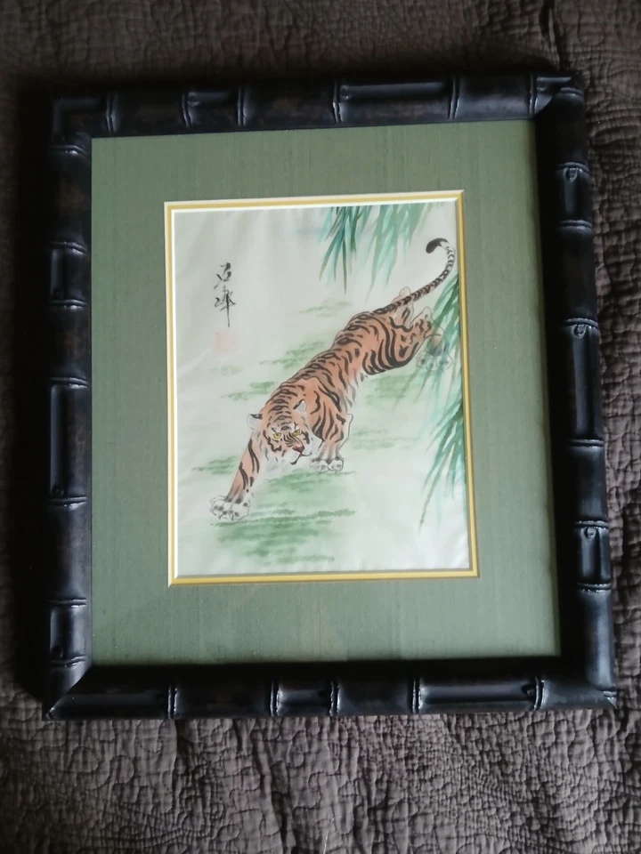 Signed Painting on Silk Hand Painted Art Oriental Asian Tiger Black Frame 16x14 - Image 1 of 4
