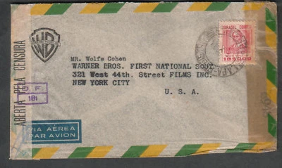 Brazil 1944 WWII 6 censor marks cover Warner Bros Films to Mr Wolfe Cohen NY - Image 1 of 2