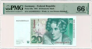 Germany Federal Rep. - 20 Mark 1991 * P39a * PMG Gem UNC 66 EPQ * series AA - Picture 1 of 2