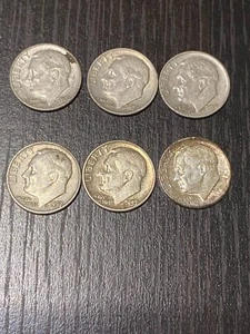 ROOSEVELT DIMES 1957-D, 1958-D - 6 COINS - XF(Extremely Fine) with 90% Silver - Picture 1 of 2
