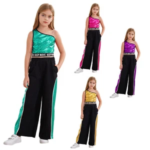 Kids Girls Tracksuit Sparkly Vest And Trousers Concert Tank Top With Pants - Picture 1 of 44