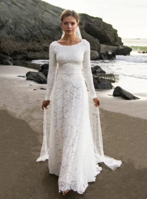Lace Beach Boho Elegant Wedding Dresses A-Line Long Sleeve Backless Bridal Gowns - Image 1 of 4
