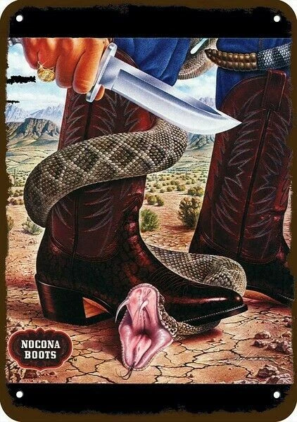 Nocona Boots 1979 vaquero y serpiente de cascabel aspecto vintage réplica decorativa letrero de metal Foto 1 de 1