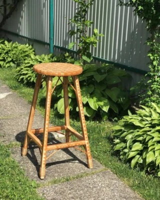 handmade wicker bar stool handmade rustic wooden stool kitchen chair boho - Image 1 of 3