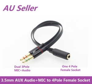3.5mm AUX 2* 3Pole Audio Stereo MIC to 4Pole Female Socket Adapter for Headphone - Picture 1 of 1