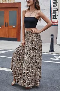 Leopard Print Long Skirt Chiffon Summer Beach Pleated Elastic High Waist | XXL - Picture 1 of 6