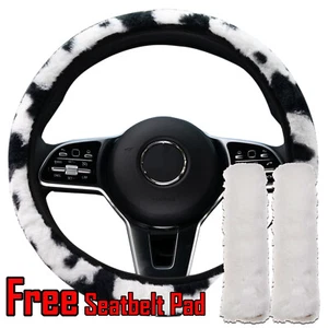 Plush Fur Cow Print Car Steering Wheel Cove Protector Seat Belt Pads Universal - Picture 1 of 8