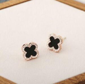Flower 4-leaf Lucky Clover Black Rose Gold GP Pave Cubic Zirconia Stud Earrings