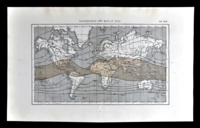 Mapa meteorológico mundial Muller 1872 líneas isotérmicas para julio temperaturas de verano  Foto 1 de 2