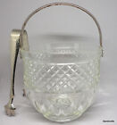 Ice Bucket Pressed Glass 1940s Crosshatch Diamond Quilt Metal Claw Tongs Handle