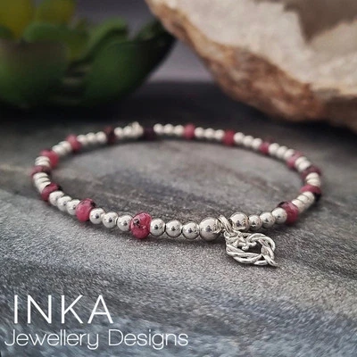 925 Sterling Silver Pink Heart Bracelet Pink JADE Beaded Stretch Stacker By INKA - Image 1 of 4