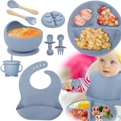 Kindergeschirr-Set 8-tlg aus Silikon, Teller und Schale Lätzchen mit Saugnapf - Bild 1 von 4