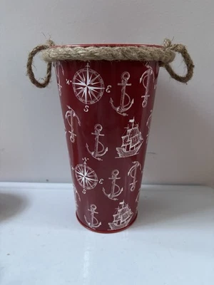 Nautical Anchors Red & White Tin Flower Holder Vase w/Plastic Liner - Image 1 of 3