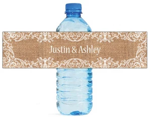 100 Burlap and Fancy Lace Frame Wedding Birthday Party Water Bottle Labels 8"x2" - Picture 1 of 1