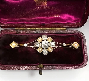 Spilla antica diamanti e perle taglio antico oro 9 ct - grammi 5,83 - Foto 1 di 3