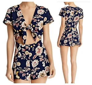AQUA BOHO SEXY TIE FRONT FLORAL CUTOUT ROMPER Sz M NWT $ 78 - Picture 1 of 3