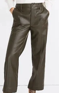 MADEWELL SLIM EMMETT WIDE-LEG PANTS VEGAN LEATHER SIZE 32 Color: Olive BRAND NEW - Picture 1 of 9