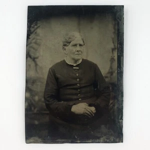 Concerned Old Woman's Gaze Tintype c1870 Elderly Lady Folded Hands Photo A4066 - Picture 1 of 2