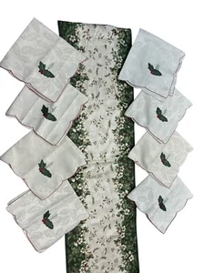 Runner da tavolo jacquard floreale agrifoglio verde panna natalizia vintage + tovaglioli - Foto 1 di 13