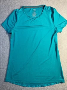 Danskin Now Activewear T Shirt Top Womens Small Teal Semi Fitted Round Neck Logo - Picture 1 of 5
