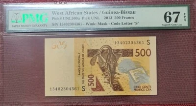 2013 West African States/Guinea-Bissau 500 Francs PMG67 EPQ S GEM UNC [UNL500a] - Image 1 of 4