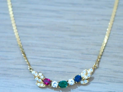 Estate Jewellery Natural Ruby Emerald Sapphire Diamond 14K Gold Necklace Pendant - Image 1 of 4