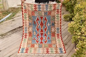Alfombra Turca 41''x61'' Tejida a Mano Kayseri Azul Kilim 105x157cm Oriental Tamaño 3x5 - Imagen 1 de 9