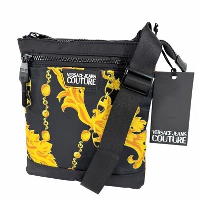 Versace Jeans Couture Baroque Print Crossbody Bag Black Gold Logo Nylon - Image 1 of 4