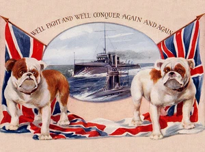 BULLDOGGE HUND GRUSS NOTIZKARTE PATRIOTISCH ZWEI BULLDOGGEN UND FAHNEN - Bild 1 von 1