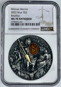 Boudica Woman Warrior 2 Oz Silver Coin 5$ 2022 Niue NGC MS70 Antiqued - Picture 1 of 2