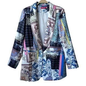 Mundefeis Patchwork Blazer Women M Blue Boxy Boho Cottagecore Artsy Animal Print - Picture 1 of 9