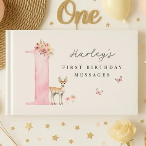 Libro de visitas personalizado de fiesta de cumpleaños de ciervo rosa - Imagen 1 de 5