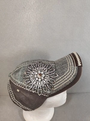 OLIVE & PIQUE BEJEWELED RHINESTONES FLOWER 2 TONE DISTRESSED CAP HAT WOMEN'S - Image 1 of 4