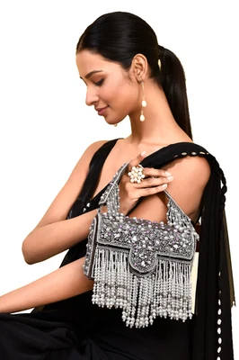 Black Color Indian  Pearls, Beads Embellished Box Clutch Bag - Image 1 of 4