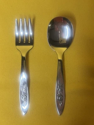 NEW 2 pc Oneida Community MY ROSE “BABY EDUCATOR” Set Fork Spoon Stainless Vtg - Image 1 of 3