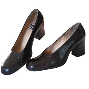 VGUC Vintage Nine West Black Leather Pumps Size 6.5M 3" Heels Made in Brazil - Picture 1 of 7