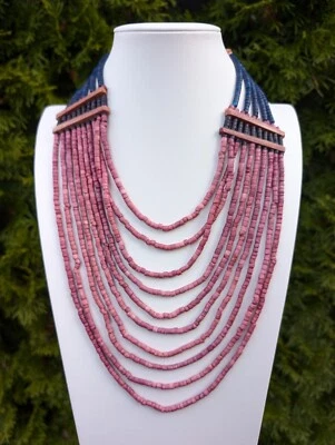 Boho Wood Beaded Tiered Multi Strand Navy Blue & Pink  Necklace  - Image 1 of 4