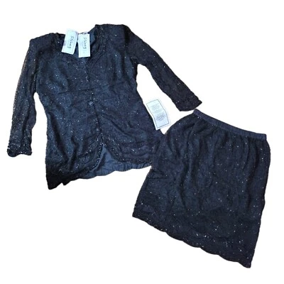 Vintage Stenay Beaded Sequin Silk Skirt Set 2 PC SZ 16 Black Patra Company - Image 1 of 4